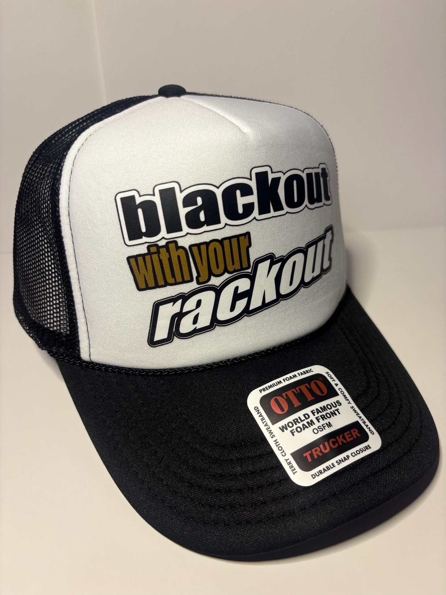 Blackout with your Rack Out Custom Trucker Hat with parody design, Adjustable Snapback Closure, and Ideal for Any Occasion