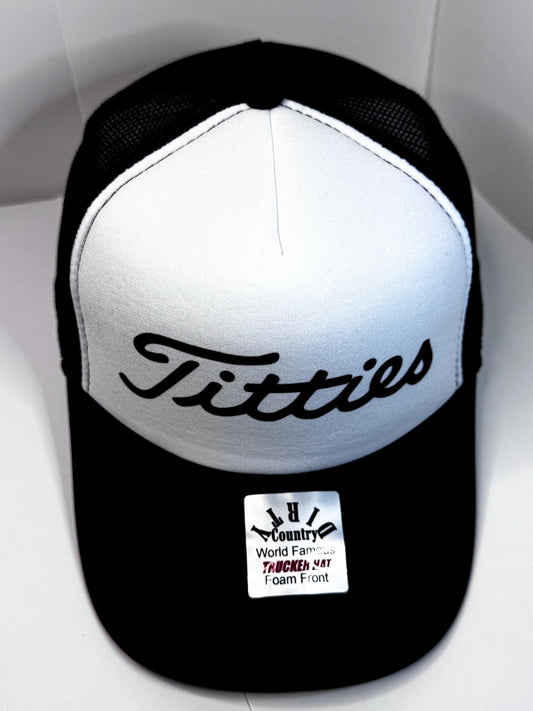Titties Custom Trucker Hat with parody design, Adjustable Snapback Closure, and Ideal for Any Occasion