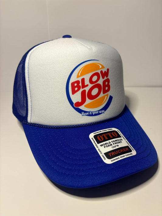 Blow Job Custom Trucker Hat with parody design, Adjustable Snapback Closure, and Ideal for Any Occasion