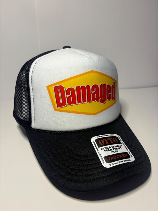 Damaged Custom Trucker Hat with parody design, Adjustable Snapback Closure, and Ideal for Any Occasion