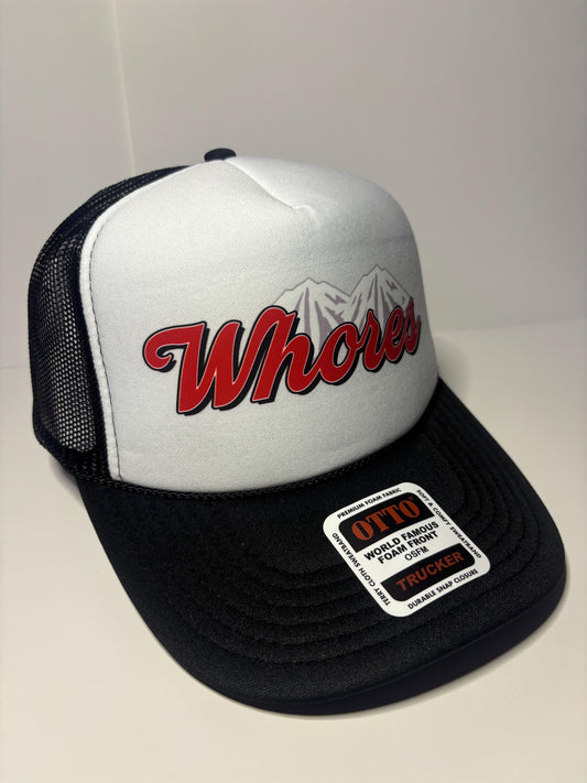 Whores  Custom Trucker Hat with parody design, Adjustable Snapback Closure, and Ideal for Any Occasion