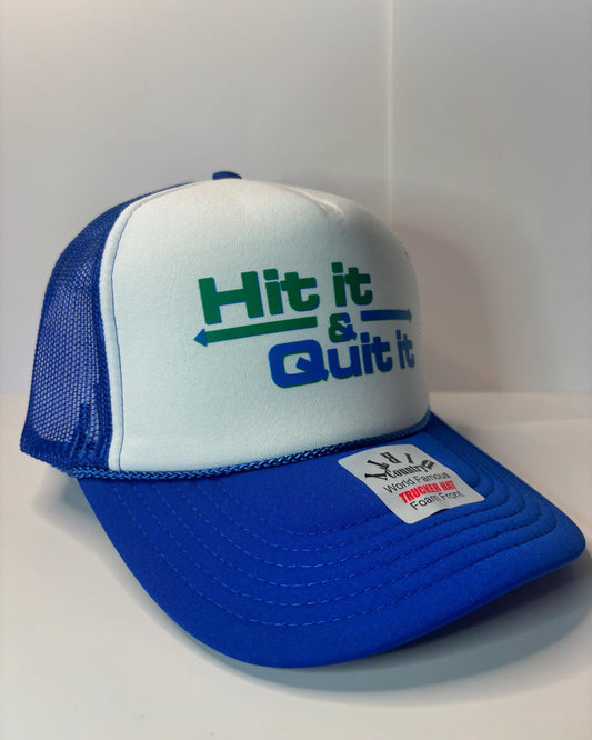 Hit it and Quit it Custom Trucker Hat with parody design, Adjustable Snapback Closure, and Ideal for Any Occasion