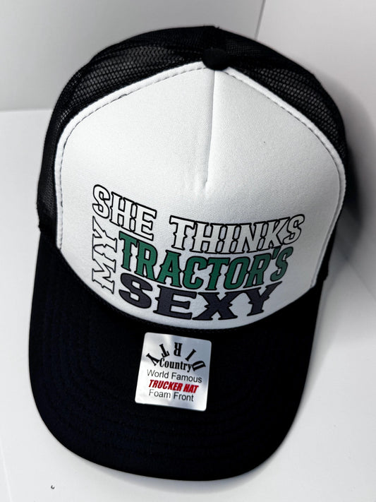 She thinks my tractor’s sexy Custom Trucker Hat with parody design, Adjustable Snapback Closure, and Ideal for Any Occasion