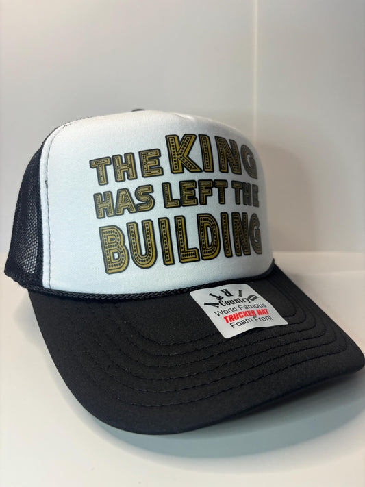 The King has left the building Custom Trucker Hat with parody design, Adjustable Snapback Closure, and Ideal for Any Occasion
