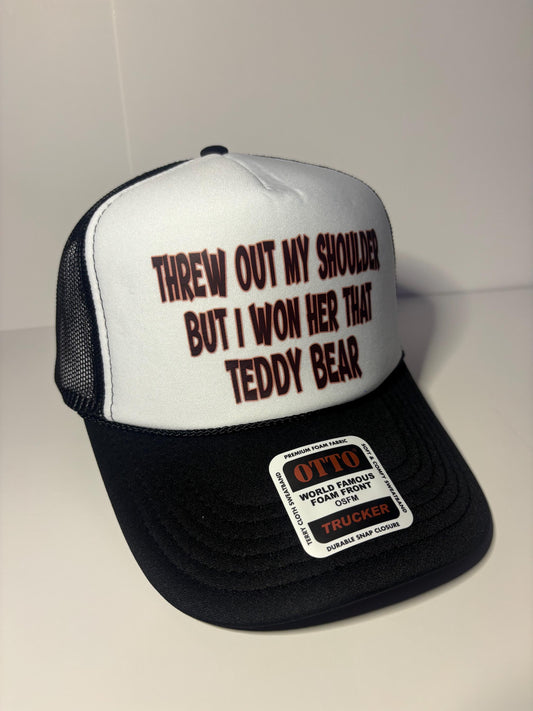 Threw out my Shoulder Custom Trucker Hat with parody design, Adjustable Snapback Closure, and Ideal for Any Occasion