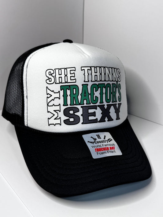 She thinks my tractor’s sexy Custom Trucker Hat with parody design, Adjustable Snapback Closure, and Ideal for Any Occasion