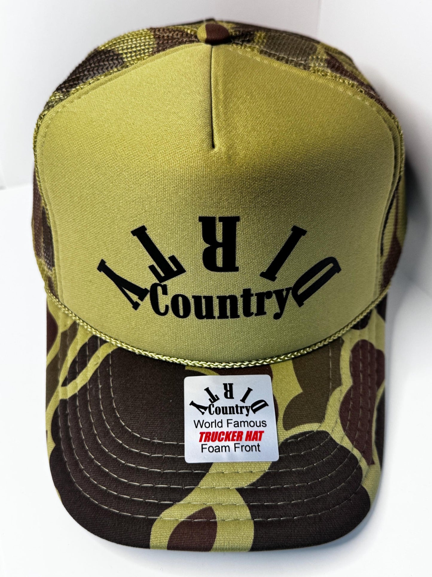 Original Dirty Country Camo Custom Trucker Hat with parody design, Adjustable Snapback Closure, and Ideal for Any Occasion