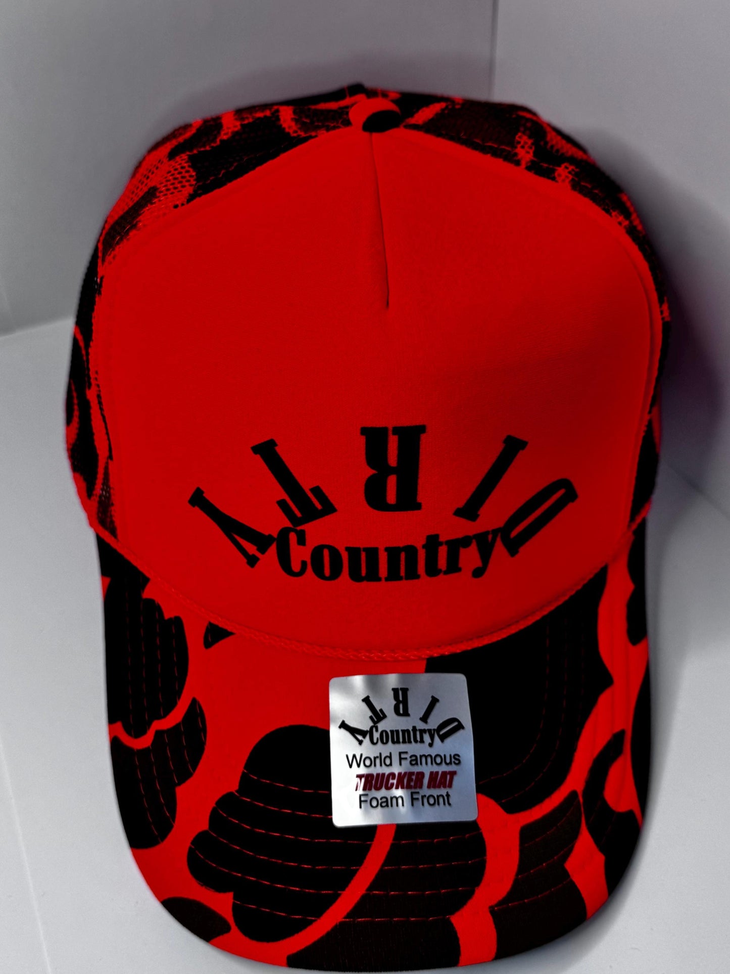 Original Dirty Country Orange Camo Custom Trucker Hat with parody design, Adjustable Snapback Closure, and Ideal for Any Occasion