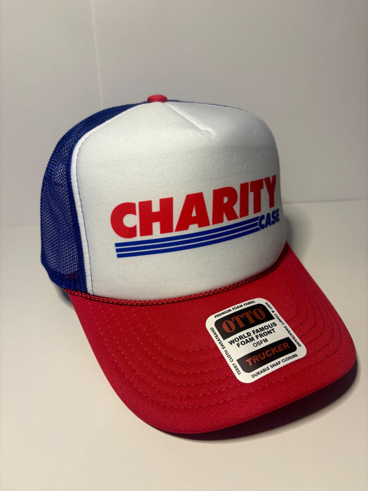 Charity Case Custom Trucker Hat with parody design, Adjustable Snapback Closure, and Ideal for Any Occasion