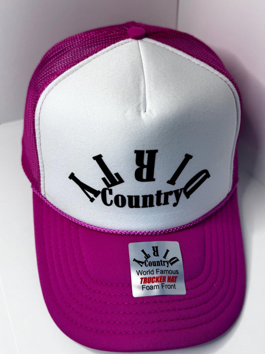 Original Dirty Country Hot Pink Custom Trucker Hat with parody design, Adjustable Snapback Closure, and Ideal for Any Occasion