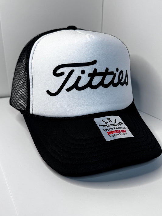 Titties Custom Trucker Hat with parody design, Adjustable Snapback Closure, and Ideal for Any Occasion