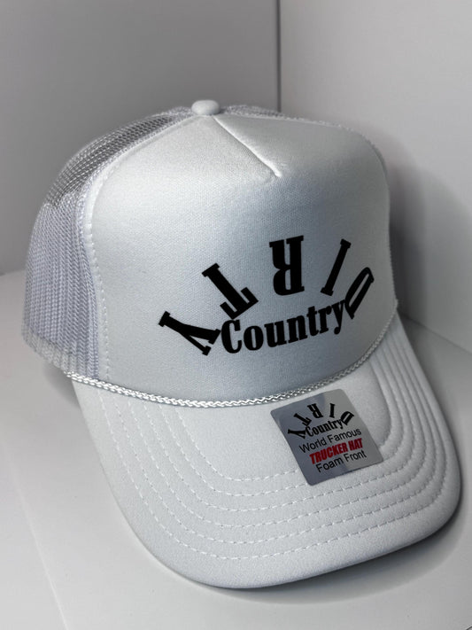 Original Dirty Country All White Custom Trucker Hat with parody design, Adjustable Snapback Closure, and Ideal for Any Occasion
