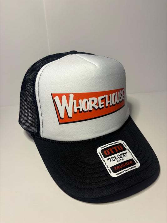Whorehouse Custom Trucker Hat with parody design, Adjustable Snapback Closure, and Ideal for Any Occasion