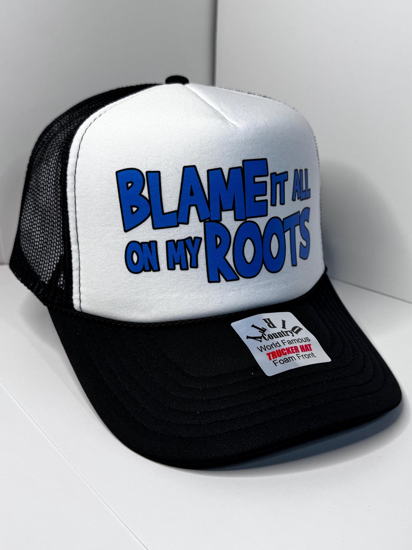 Blame it all on my roots Custom Trucker Hat with parody design, Adjustable Snapback Closure, and Ideal for Any Occasion