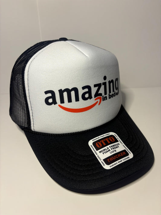 Amazing in Bed Custom Trucker Hat with parody design, Adjustable Snapback Closure, and Ideal for Any Occasion