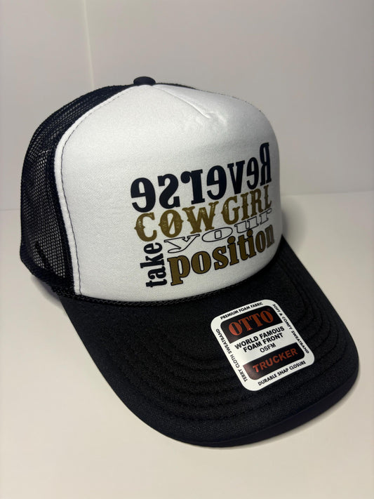 Reverse Cowgirl Custom Trucker Hat with parody design, Adjustable Snapback Closure, and Ideal for Any Occasion