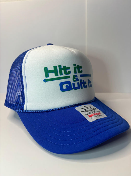 Hit it and Quit it Custom Trucker Hat with parody design, Adjustable Snapback Closure, and Ideal for Any Occasion