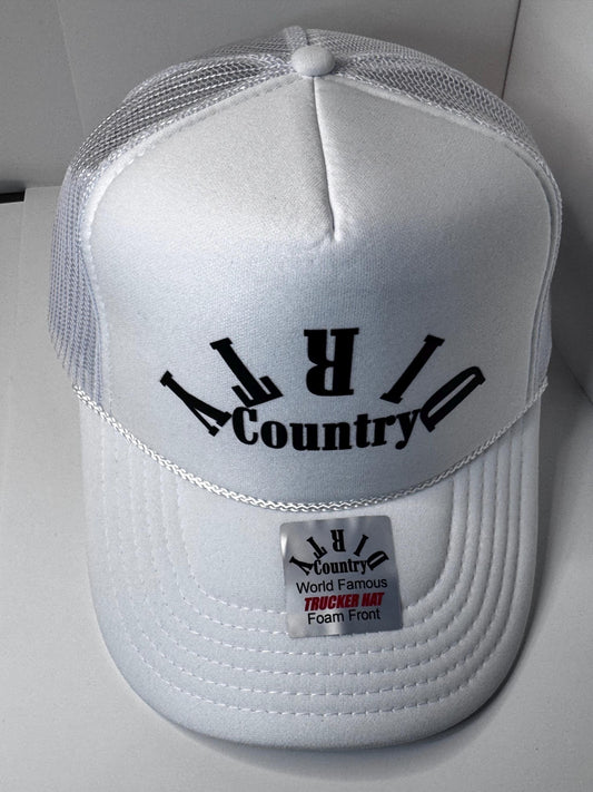 Original Dirty Country All White Custom Trucker Hat with parody design, Adjustable Snapback Closure, and Ideal for Any Occasion