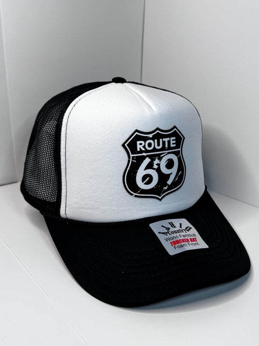 Route 69 Custom Trucker Hat with parody design, Adjustable Snapback Closure, and Ideal for Any Occasion