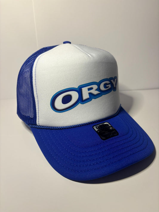 Orgy Custom Trucker Hat with parody design, Adjustable Snapback Closure, and Ideal for Any Occasion