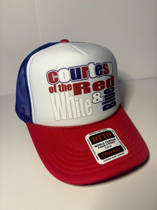 Courtesy of the Red, White and Blue Custom Trucker Hat with parody design, Adjustable Snapback Closure, and Ideal for Any Occasion