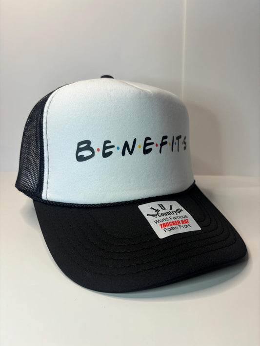 Benefits or Friends with Benefits Custom Trucker Hat with parody design, Adjustable Snapback Closure, and Ideal for Any Occasion