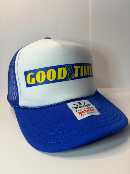 Good Time Custom Trucker Hat with parody design, Adjustable Snapback Closure, and Ideal for Any Occasion