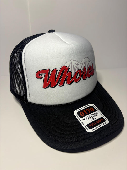 Whores  Custom Trucker Hat with parody design, Adjustable Snapback Closure, and Ideal for Any Occasion