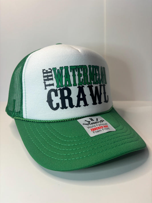 The Watermelon Crawl Custom Trucker Hat with parody design, Adjustable Snapback Closure, and Ideal for Any Occasion