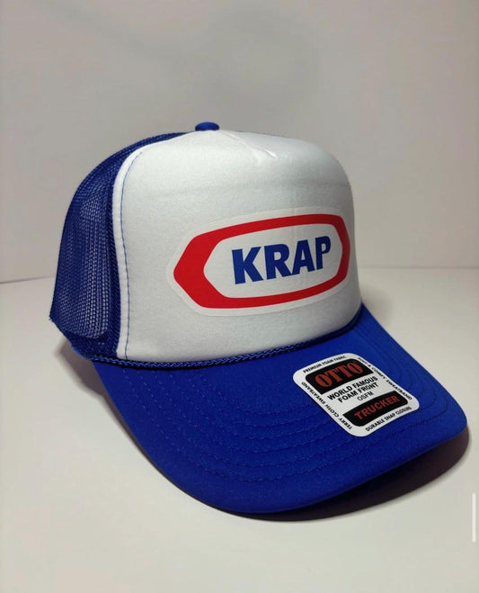 Krap Custom Trucker Hat with parody design, Adjustable Snapback Closure, and Logo, Ideal for Any Occasion