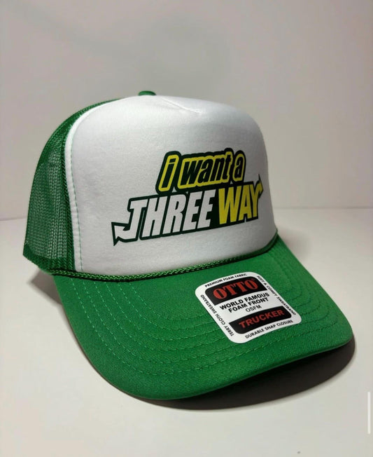 I want a Three Way Custom Trucker Hat with parody design, Adjustable Snapback Closure, and  Logo, Ideal for Any Occasion