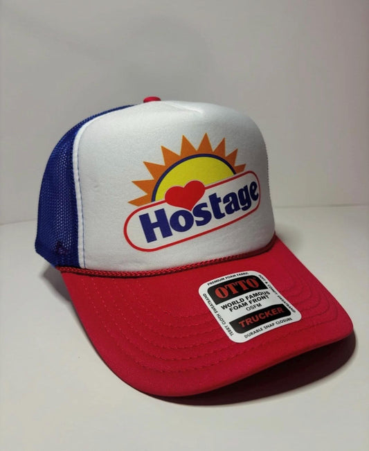 Hostage Custom Trucker Hat with parody design, Adjustable Snapback Closure, and Logo, Ideal for Any Occasion