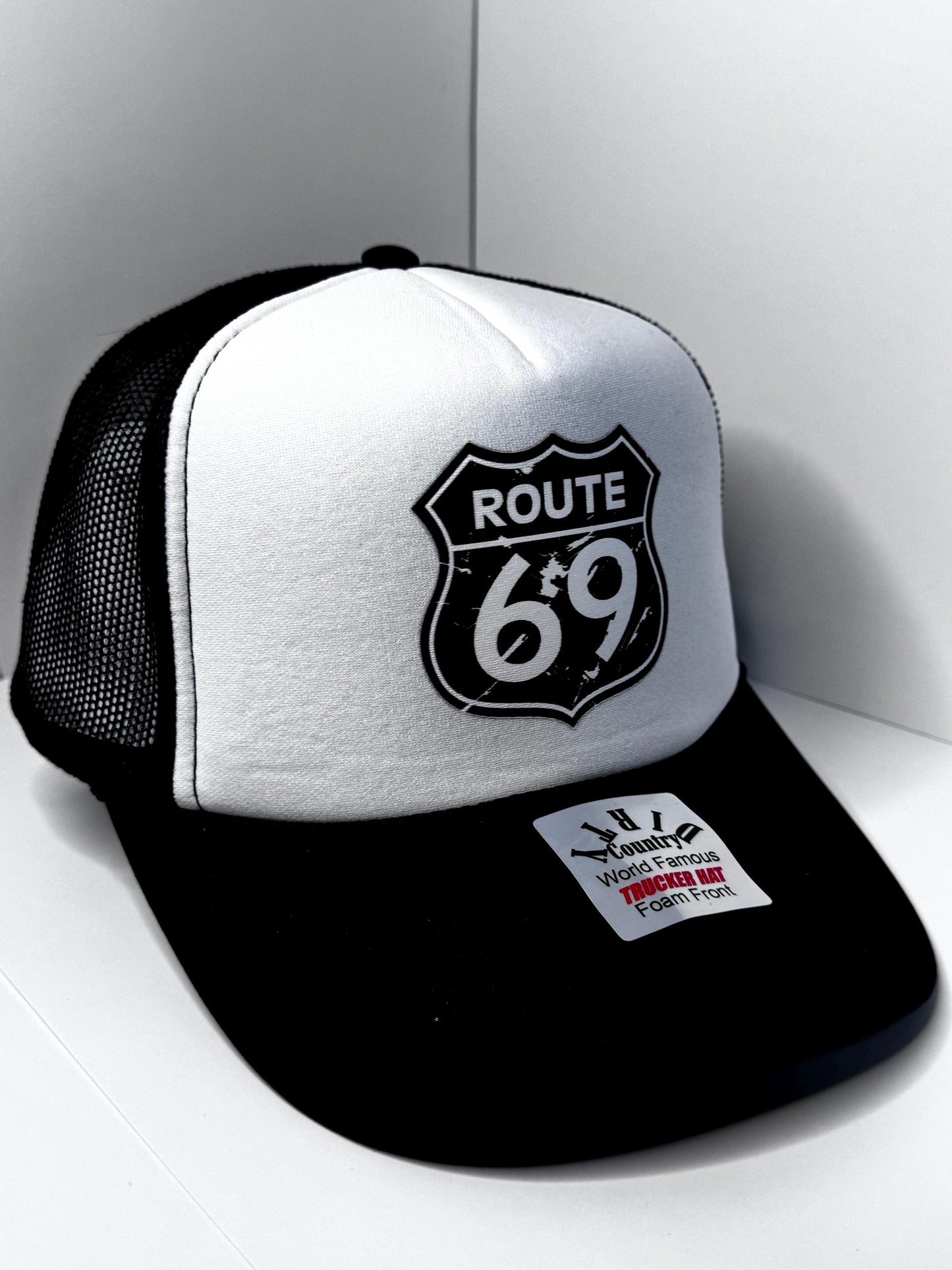 Route 69 Custom Trucker Hat with parody design, Adjustable Snapback Closure, and Ideal for Any Occasion